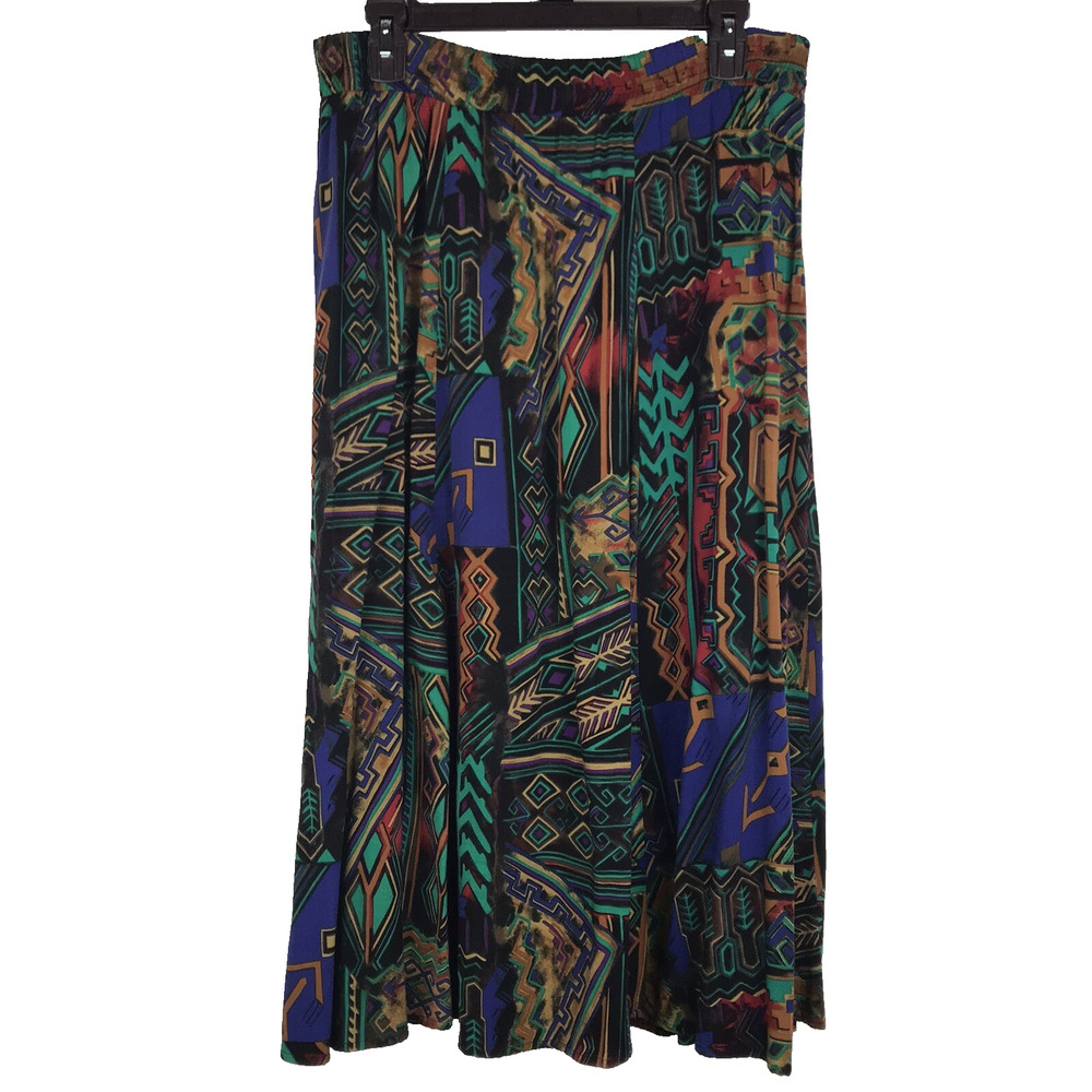 Vintage CLIO Midi Skirt Elastic Waist Flowy Colorful Abstract Print Size Large